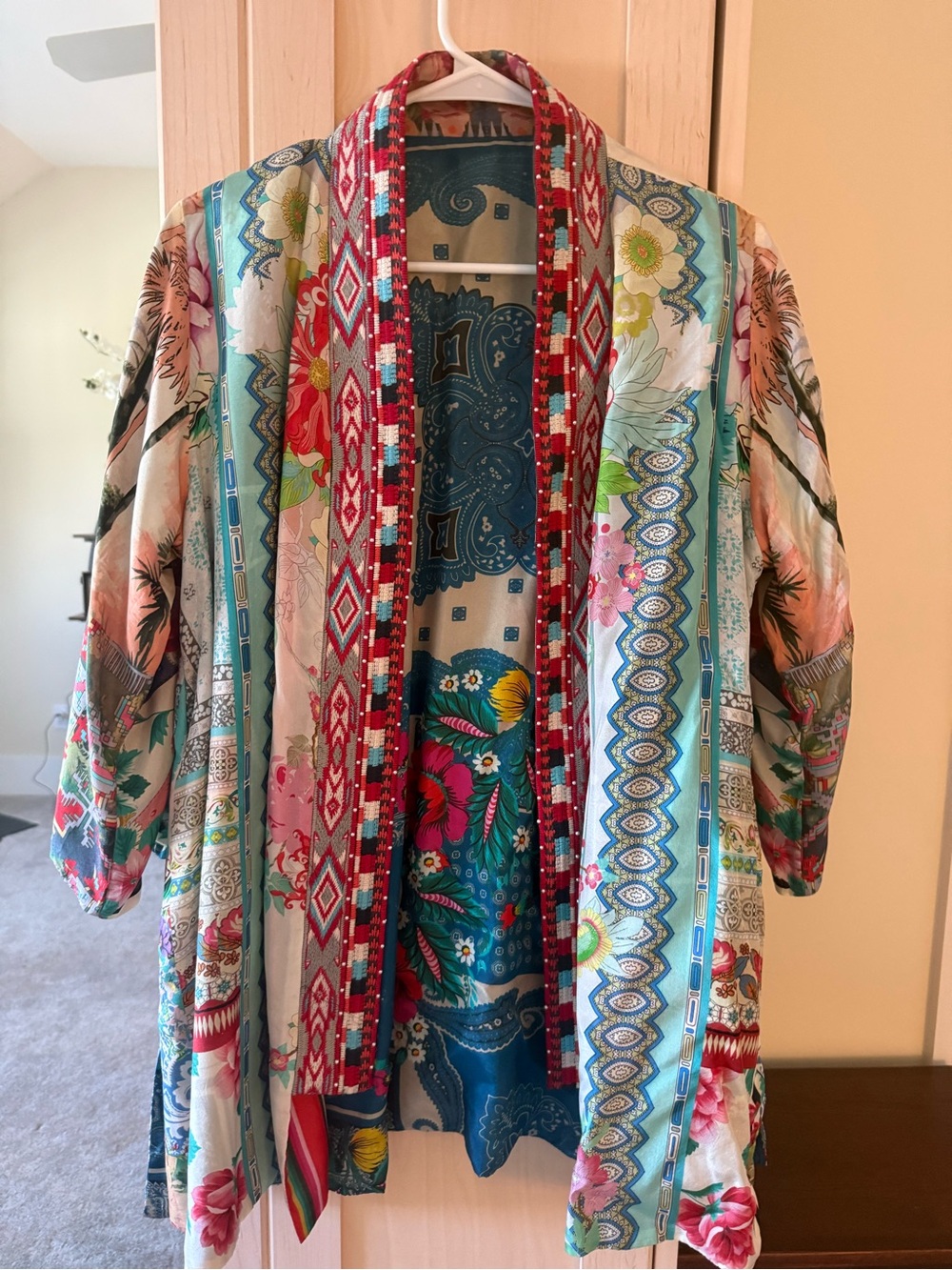 Colorful Floral Patchwork Kimono with Red Trim